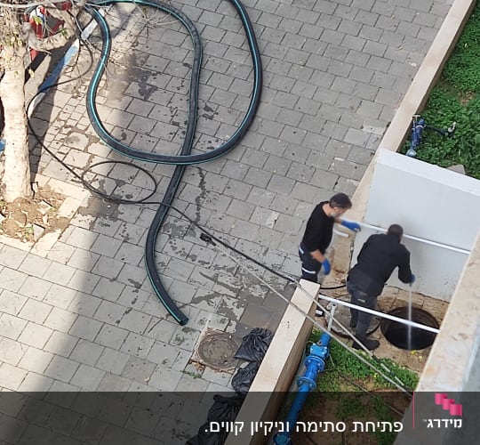 שני אנשים עובדים עם צינור ליד פתח ביוב